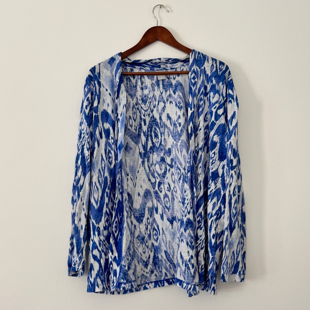 Chico's Blue & White Ikat Print Open Front Cardigan Jacket Lightweight size xl